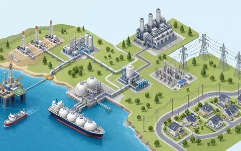 Isometrische 3D-Grafik der gesamten Energie-Wertschöpfungskette bildet das Geschäftsmodell des Versorgers Sempra ISIN US8168511090 ab - Foto: THN