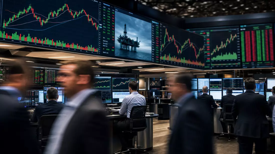 Trading-Floor mit Bildschirmen voller Energie-Aktiencharts und Öl-Plattform-Bild