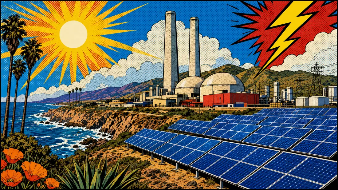 Bunte Pop-Art-Comicillustration eines Kraftwerks und Solarparks an der Küste Kaliforniens