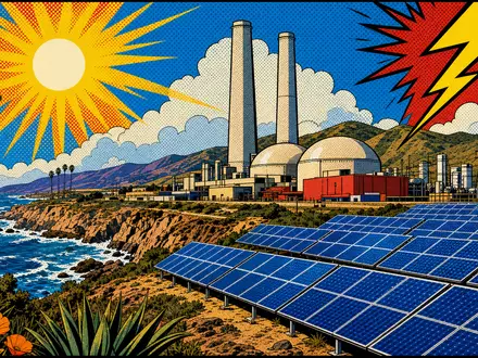 Pop-Art-Comicszene mit Kraftwerk und Solarpark an Kalifornienküste illustriert Geschäft von Sempra ISIN US8168511090 - Foto: THN
