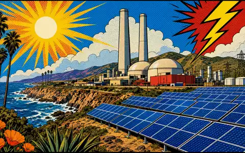 Pop-Art-Comicszene mit Kraftwerk und Solarpark an Kalifornienküste illustriert Geschäft von Sempra ISIN US8168511090 - Foto: THN