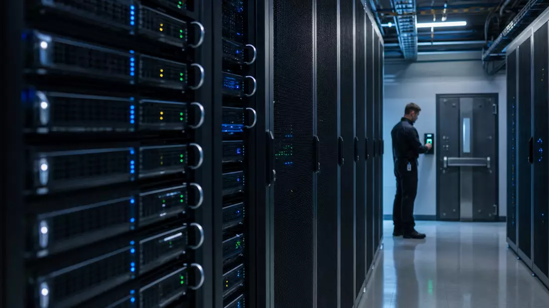 Hochsicherheits-Serverraum mit Rack-Hardware und biometrischer Zugangstür