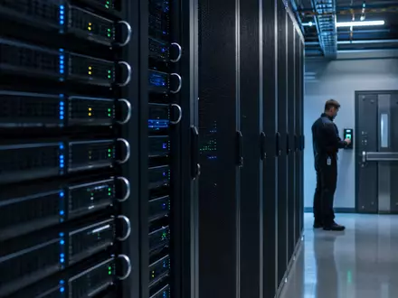 secunet Security Networks DE0007276503 zeigt einen fotorealistischen Hochsicherheits-Serverraum mit biometrischer Zugangskontrolle und Technikpersonal heute - Foto: THN