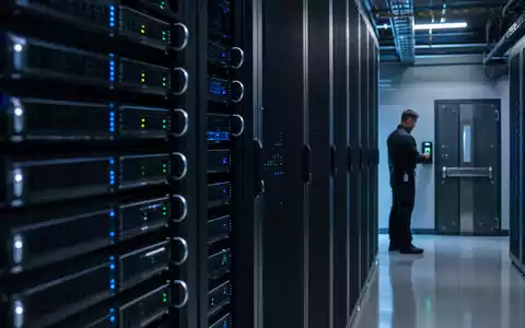 secunet Security Networks DE0007276503 zeigt einen fotorealistischen Hochsicherheits-Serverraum mit biometrischer Zugangskontrolle und Technikpersonal heute - Foto: THN