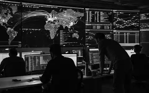 secunet Security Networks DE0007276503 dokumentiert Schwarzweiß-Reportage eines Security Operations Center bei Nacht mit Analysten - Foto: THN