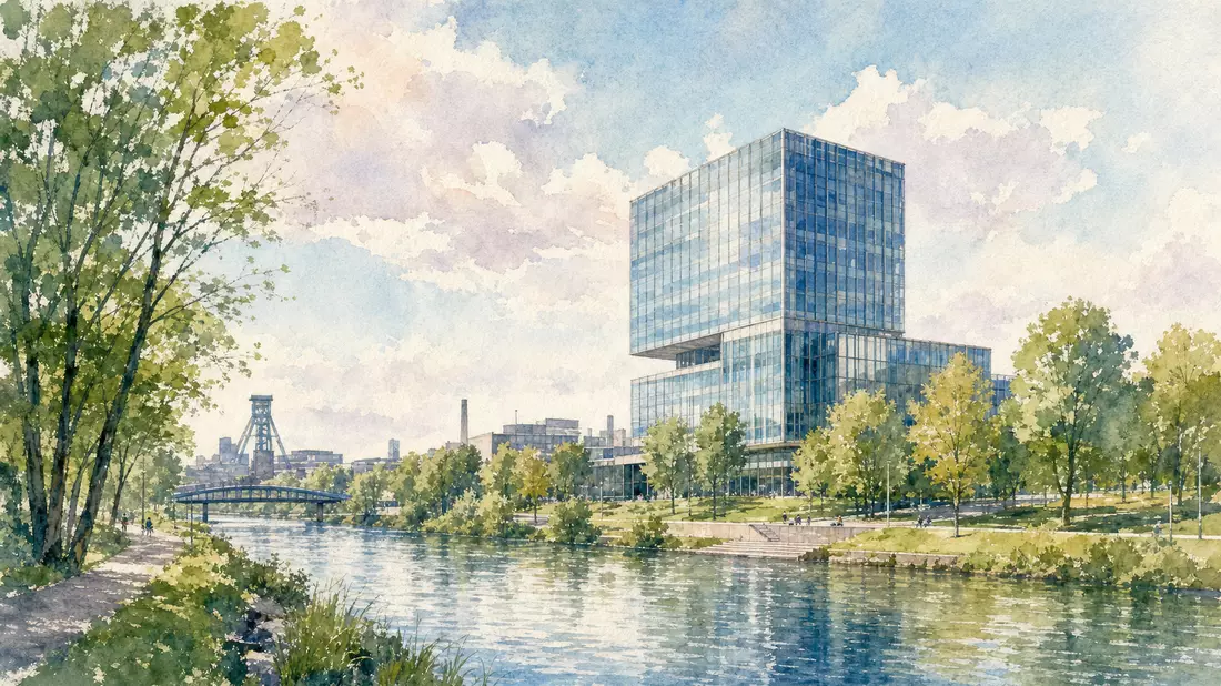 Aquarellmalerei eines modernen Glasgebäudes an einem Fluss in Essen