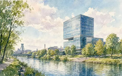 secunet Security Networks DE0007276503 illustriert Aquarell-Ansicht eines modernen Bürogebäudes am Fluss in Essen - Foto: THN