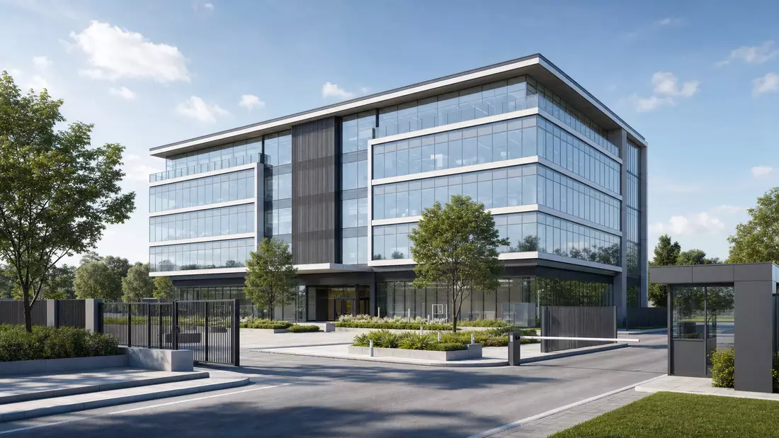 Architektur-Rendering eines modernen Bürogebäudes mit Sicherheitszaun