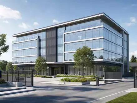 secunet Security Networks DE0007276503 präsentiert Architektur-Render eines modernen Bürogebäudes mit Sicherheitszaun und Zugangstor - Foto: THN