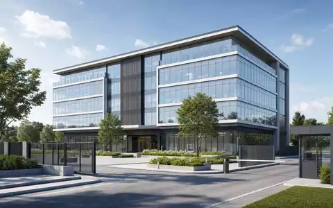 secunet Security Networks DE0007276503 präsentiert Architektur-Render eines modernen Bürogebäudes mit Sicherheitszaun und Zugangstor - Foto: THN