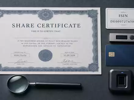 secunet Security Networks DE0007276503 arrangiert Flatlay mit Aktienzertifikat, ISIN-Karte und Verschlüsselungshardware auf Tisch - Foto: THN
