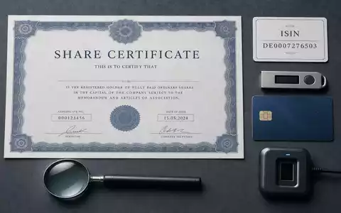 secunet Security Networks DE0007276503 arrangiert Flatlay mit Aktienzertifikat, ISIN-Karte und Verschlüsselungshardware auf Tisch - Foto: THN