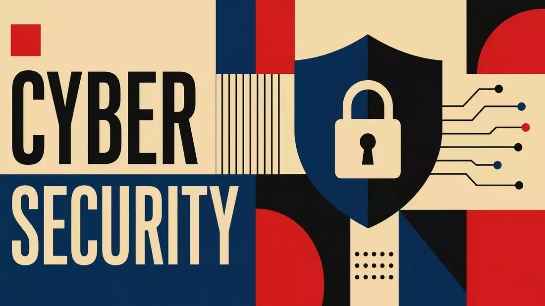 Bauhaus-Poster mit geometrischem Schild, Schloss und Text CYBER SECURITY
