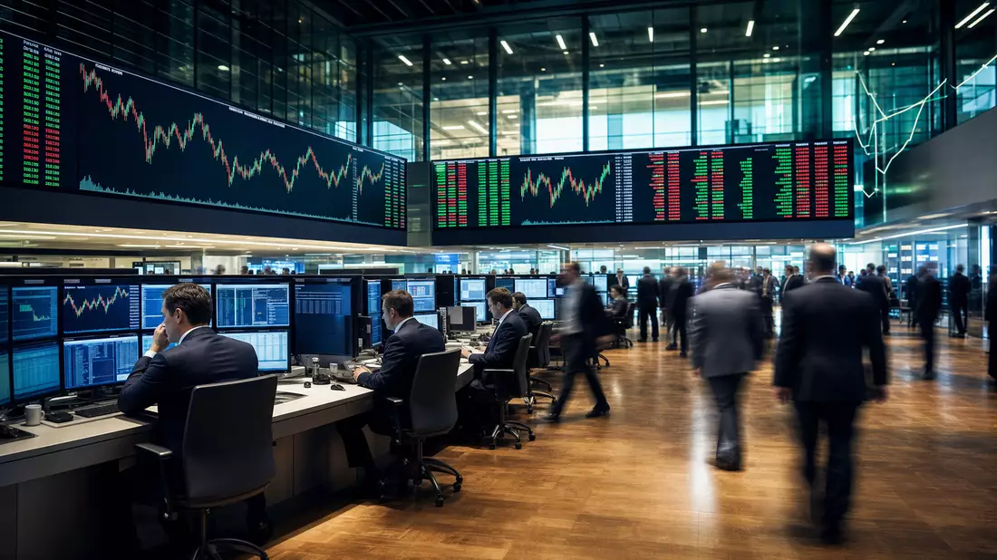 Trading-Floor mit digitalen Aktiencharts und Händlern in Frankfurt