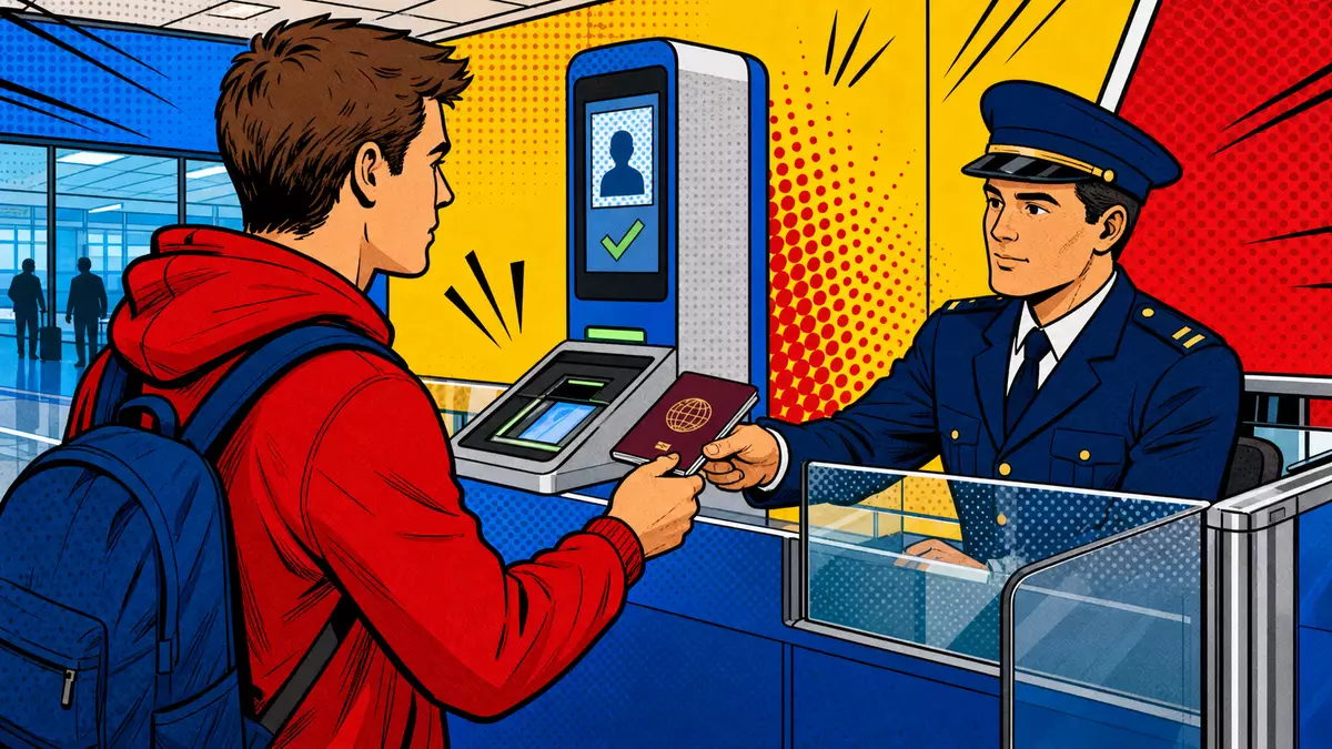 Pop-Art-Comic einer Grenzkontrolle mit Passkontrolle am automatisierten Kiosk