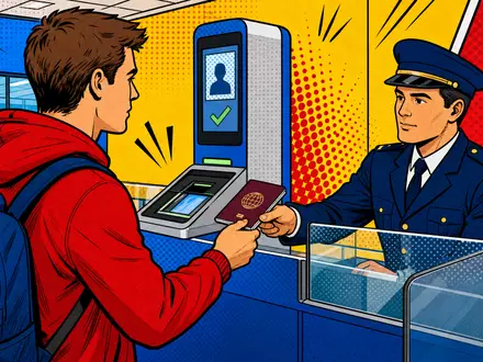 secunet Security Networks DE0007276503 illustriert Pop-Art-Comic-Szene an einem generischen Grenzkontroll-Kiosk mit Passkontrolle - Foto: THN