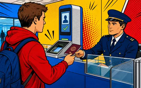 secunet Security Networks DE0007276503 illustriert Pop-Art-Comic-Szene an einem generischen Grenzkontroll-Kiosk mit Passkontrolle - Foto: THN