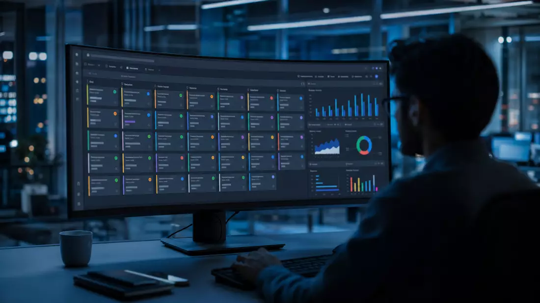 Analyst betrachtet nachts IT-Ticket-Dashboard mit Kanban-Spalten auf großem gebogenem Monitor