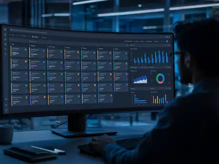 ServiceNow Inc. (US81762P1021) zeigt ein IT-Ticket-Dashboard auf einem großen Monitor im nächtlichen Büro - Foto: THN