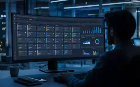 ServiceNow Inc. (US81762P1021) zeigt ein IT-Ticket-Dashboard auf einem großen Monitor im nächtlichen Büro - Foto: THN