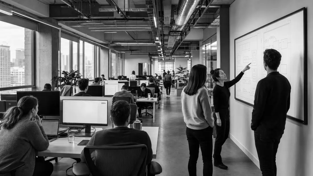 Schwarzweiß-Reportagefoto eines Teams, das Workflow-Diagramm am Whiteboard im Großraumbüro bespricht