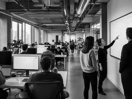 ServiceNow Inc. (US81762P1021) dokumentiert in Schwarzweiß-Reportage eine moderne Enterprise-Bürolandschaft mit Team am Whiteboard - Foto: THN