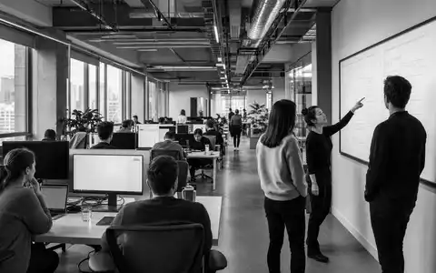 ServiceNow Inc. (US81762P1021) dokumentiert in Schwarzweiß-Reportage eine moderne Enterprise-Bürolandschaft mit Team am Whiteboard - Foto: THN