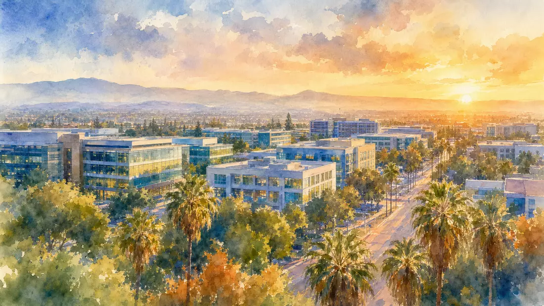 Aquarellmalerei des Santa-Clara-Bürocampus mit Palmen und warmem Sonnenuntergangshimmel
