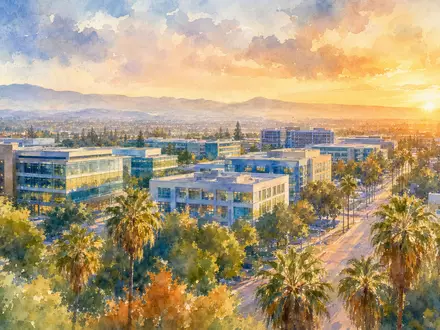ServiceNow Inc. (US81762P1021) präsentiert eine Aquarell-Ansicht des Santa-Clara-Technologiecampus bei goldenem Sonnenuntergang mit Palmen - Foto: THN