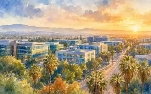 ServiceNow Inc. (US81762P1021) präsentiert eine Aquarell-Ansicht des Santa-Clara-Technologiecampus bei goldenem Sonnenuntergang mit Palmen - Foto: THN