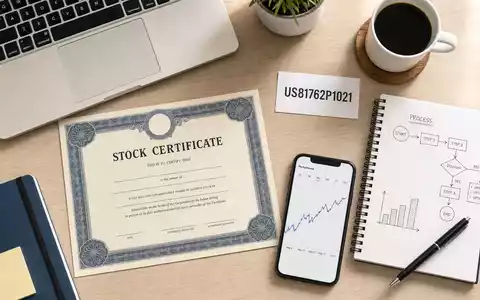 ServiceNow Inc. (US81762P1021) Flatlay zeigt Aktienzertifikat, ISIN-Karte US81762P1021 und Workflow-Notizbuch auf einem Holzschreibtisch - Foto: THN