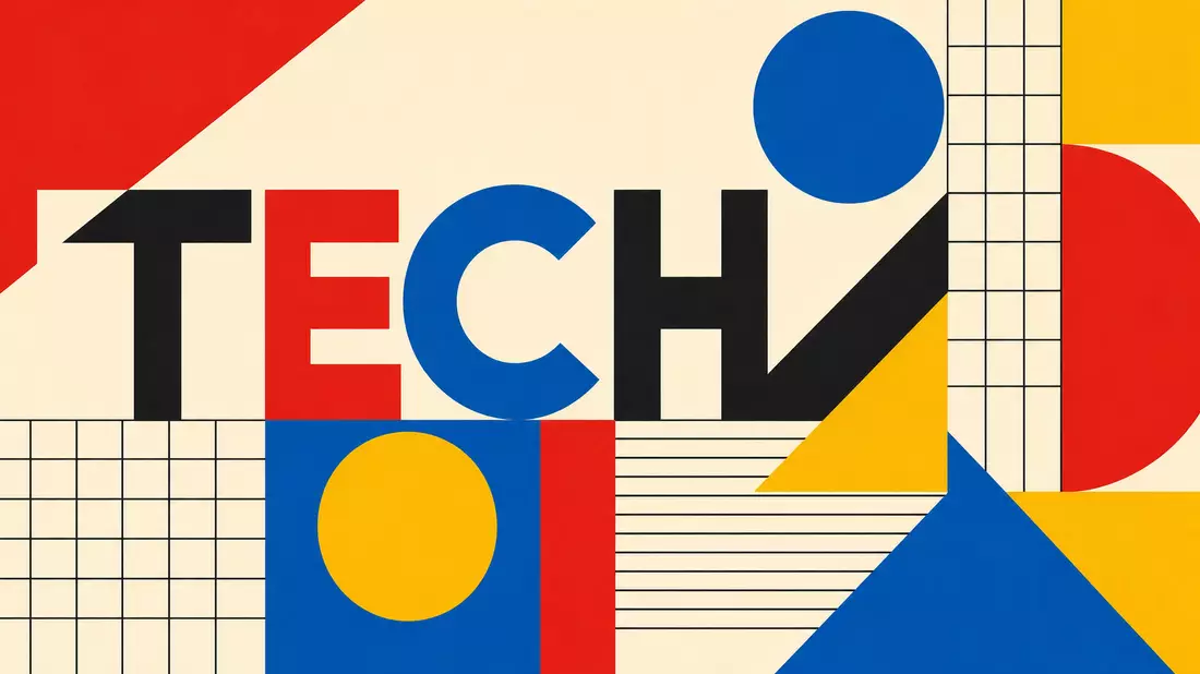Bauhaus-Poster mit geometrischen Formen und großem Schriftzug TECH in Primärfarben