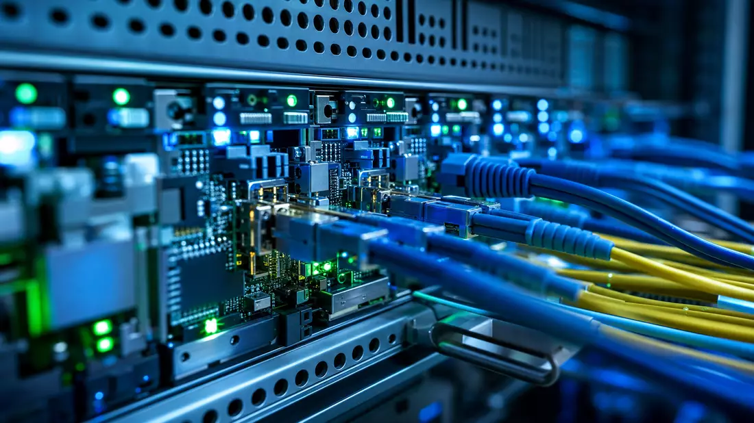 Makroaufnahme eines Serverracks mit blau-grünen LEDs und Glasfaserkabeln in Nahaufnahme