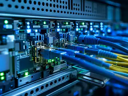 ServiceNow Inc. (US81762P1021) illustriert eine Makroaufnahme eines Server-Racks mit LED-Leuchten und bunten Glasfaserkabeln - Foto: THN