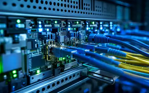 ServiceNow Inc. (US81762P1021) illustriert eine Makroaufnahme eines Server-Racks mit LED-Leuchten und bunten Glasfaserkabeln - Foto: THN