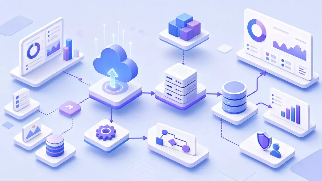 Isometrische 3D-Grafik zeigt Cloud-Symbole, Server und Dashboards eines Workflow-Prozesses