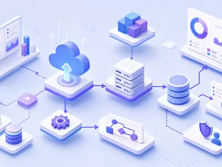 ServiceNow Inc. (US81762P1021) veranschaulicht ein isometrisches 3D-Diagramm eines neutralen Cloud-Workflow-Prozesses mit Servern und Dashboards - Foto: THN