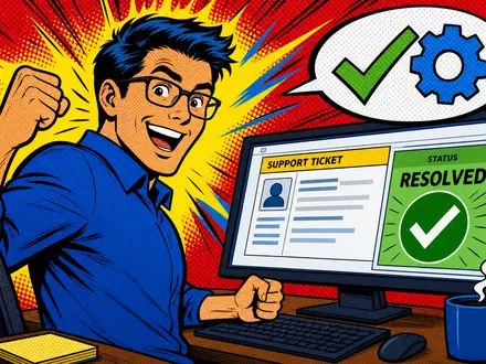 ServiceNow Inc. (US81762P1021) inszeniert einen Pop-Art-Comic mit einem jubelnden IT-Mitarbeiter und gelöstem Support-Ticket - Foto: THN