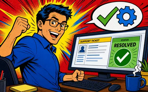 ServiceNow Inc. (US81762P1021) inszeniert einen Pop-Art-Comic mit einem jubelnden IT-Mitarbeiter und gelöstem Support-Ticket - Foto: THN