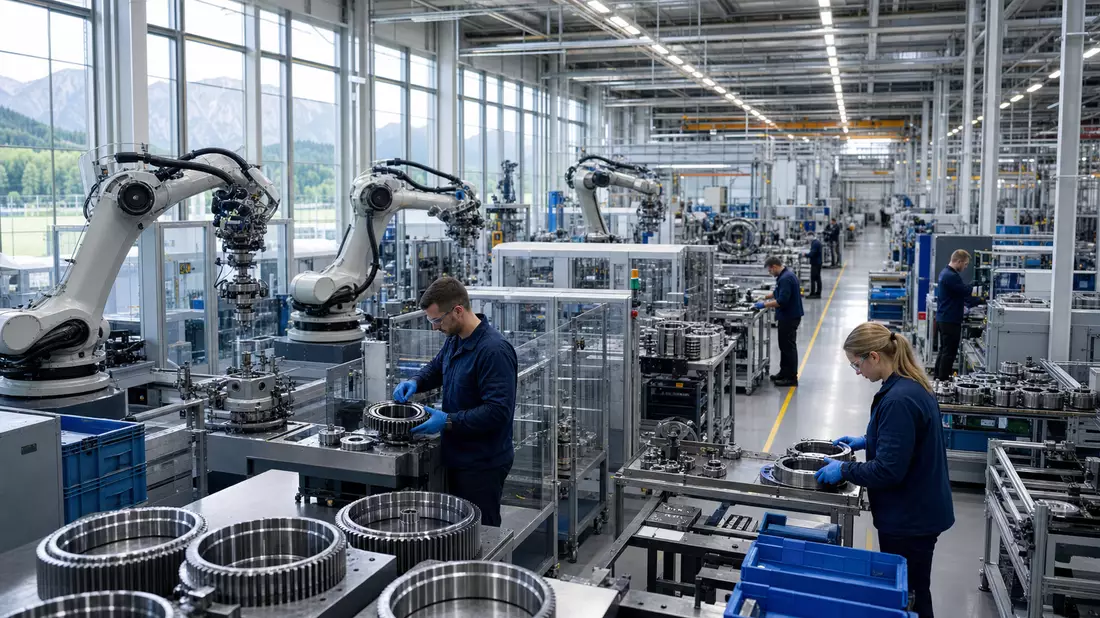 Automotive-Fertigungshalle mit Robotern und Getriebeteilen, Schaeffler AG Industrie