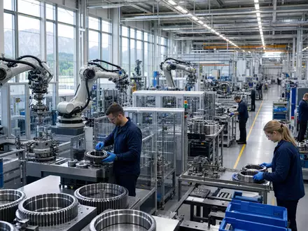 Schaeffler AG (DE000SHA0100) fertigt Präzisionslager und Getriebeteile in moderner Automotive-Produktionshalle mit Robotik nahe Frankfurt - Foto: THN