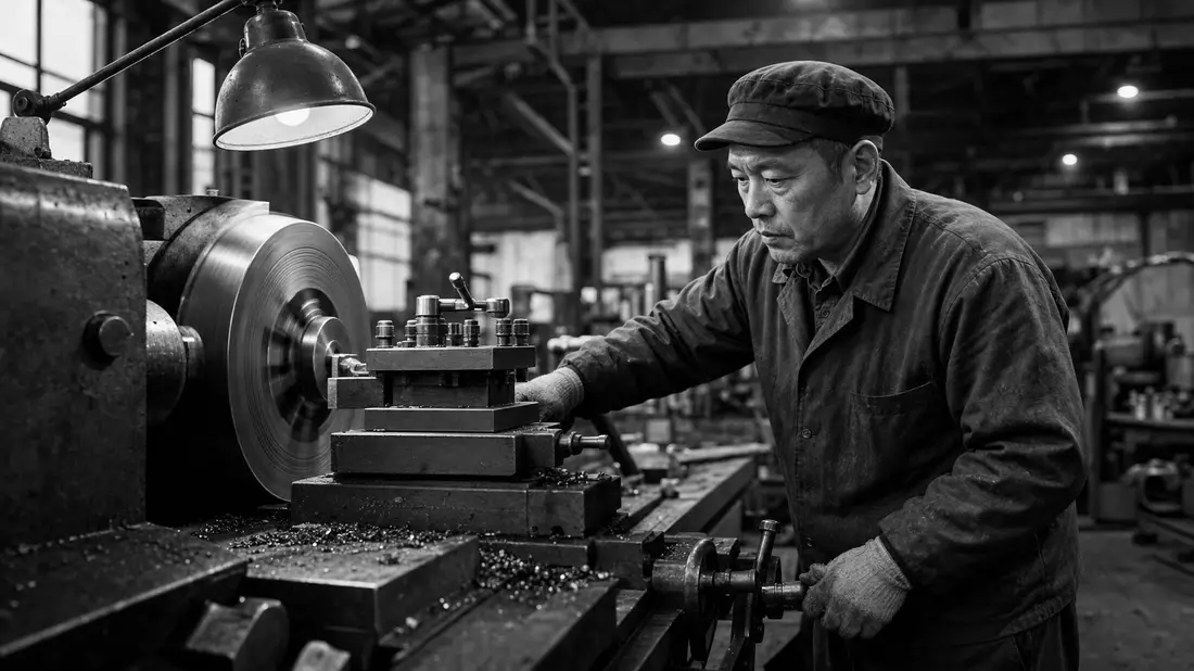 Schwarzweiß-Reportagefoto eines Metallarbeiters an Präzisionsmaschine, Schaeffler AG