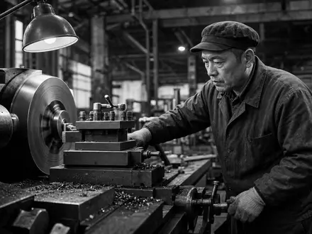 Schaeffler AG (DE000SHA0100) steht für Präzisionsmetallverarbeitung, dokumentiert hier als dokumentarische Schwarzweiß-Reportage eines Werkarbeiters - Foto: THN