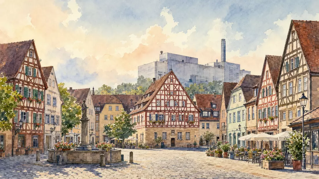 Aquarellmalerei der Altstadt von Herzogenaurach mit Industriegebäude im Hintergrund