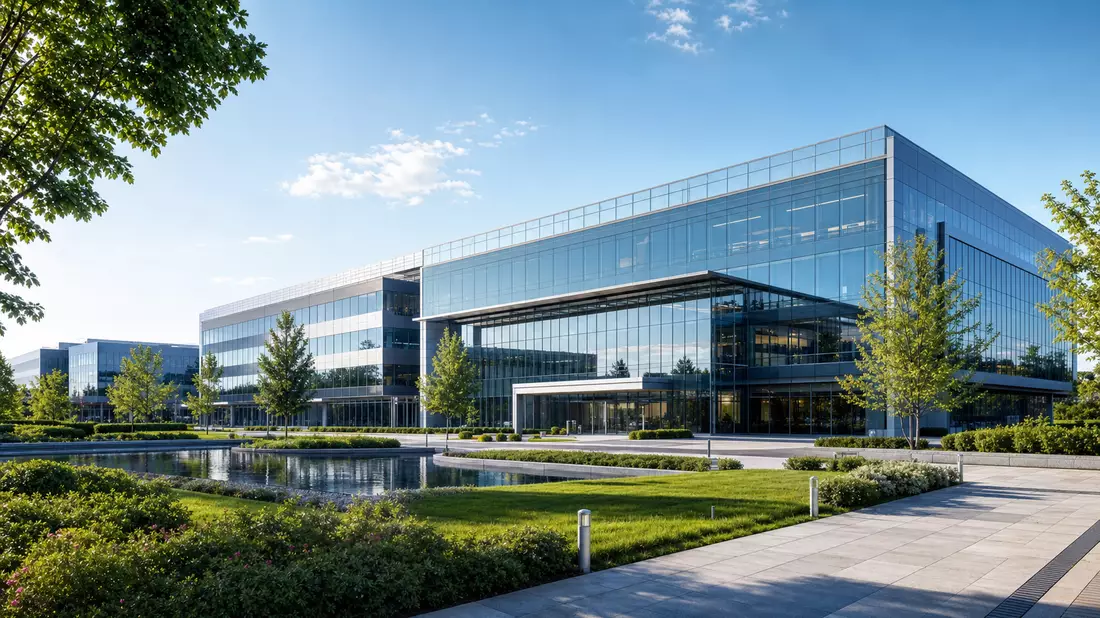Architekturvisualisierung eines modernen Glas-Bürocampus mit Grünflächen und Teich
