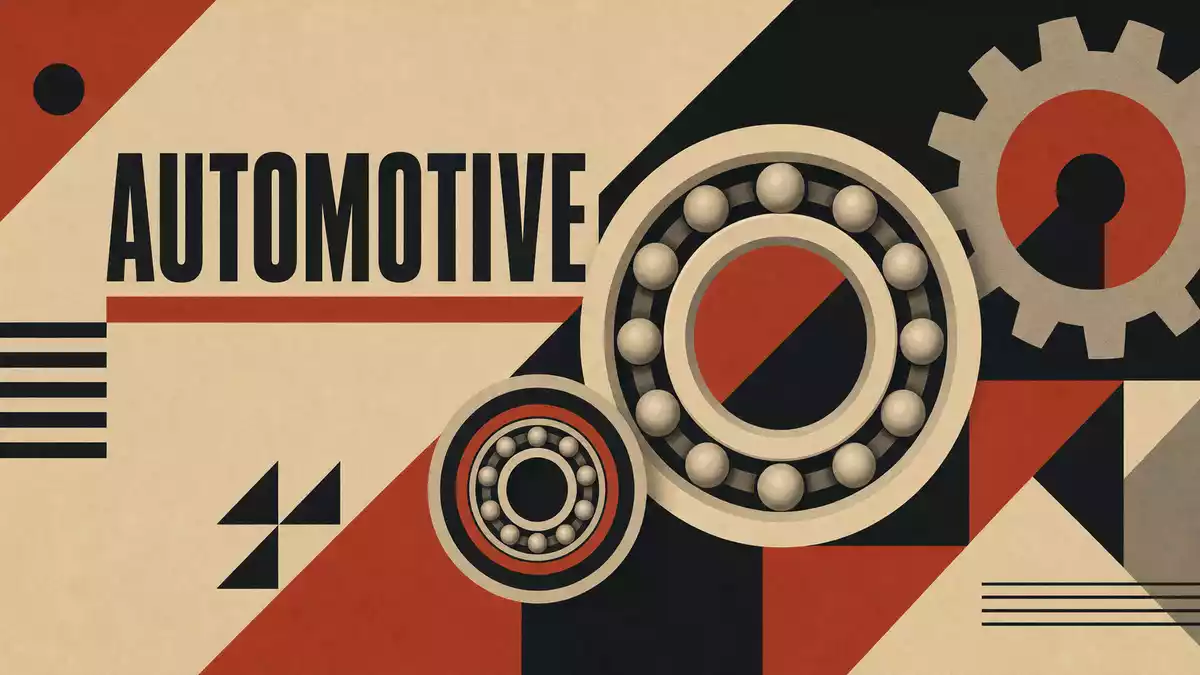 Bauhaus-Poster mit geometrischen Kugellagerformen, Zahnrädern und Schriftzug AUTOMOTIVE