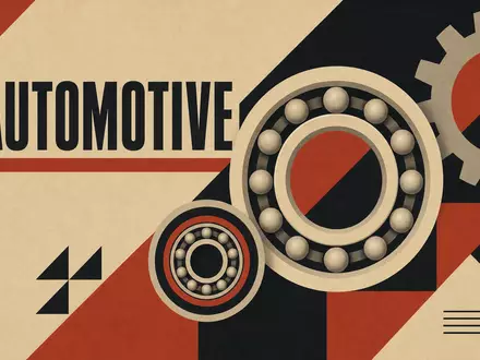 Schaeffler AG (DE000SHA0100) inspiriert dieses geometrische Bauhaus-Poster mit Kugellager-Formen, Zahnrädern und dem Wort AUTOMOTIVE dargestellt - Foto: THN