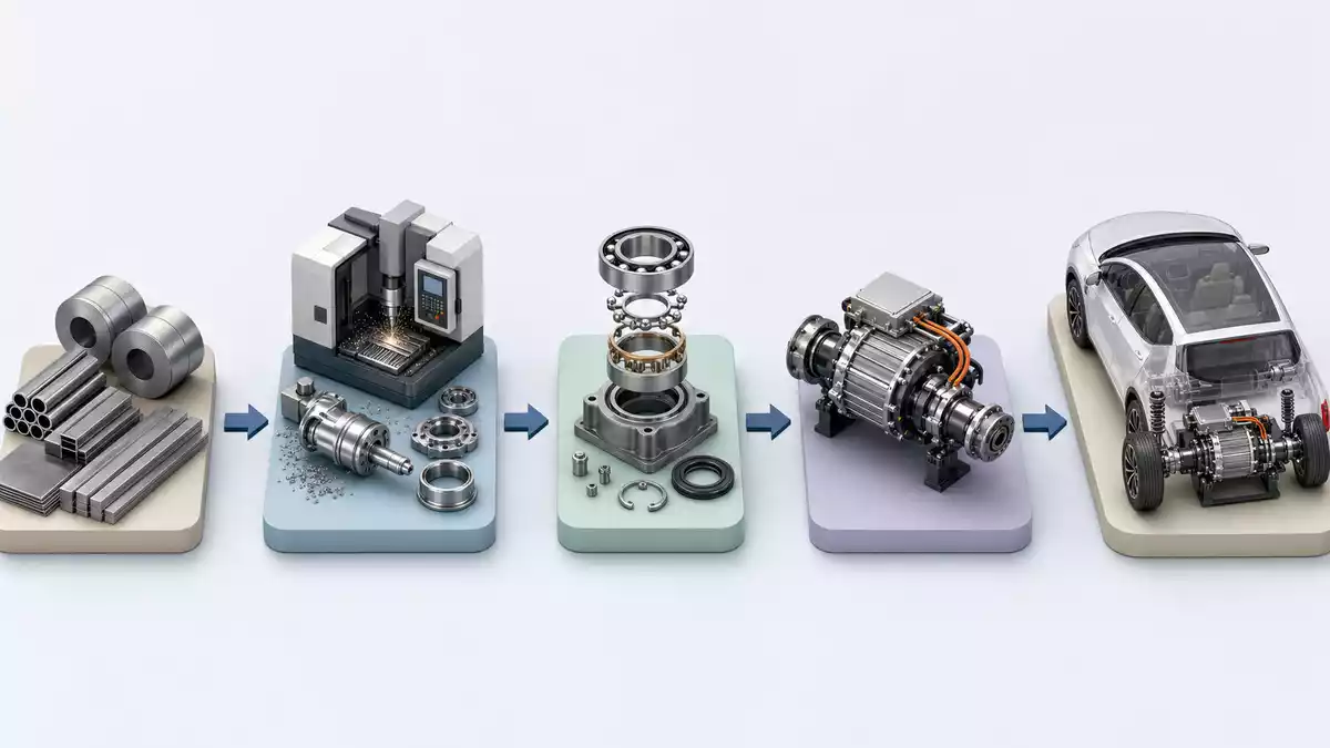 Isometrisches 3D-Diagramm der Wertschöpfungskette von Stahl zu Elektroachse und Fahrzeug