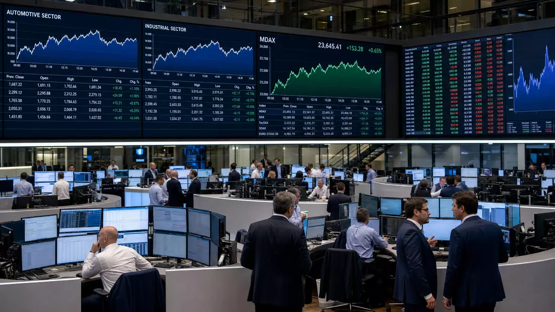 Trading-Floor der Frankfurter Börse mit Bildschirmen für MDAX und Automotive-Sektor