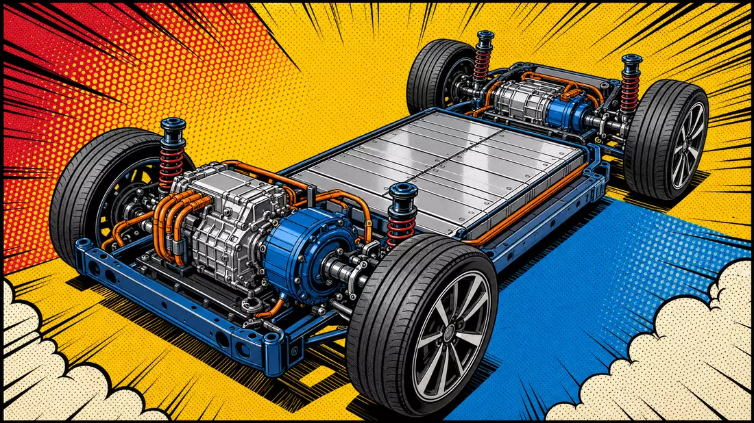 Pop-Art-Comic-Illustration eines Elektrofahrzeug-Fahrgestells mit Getriebe und E-Motor